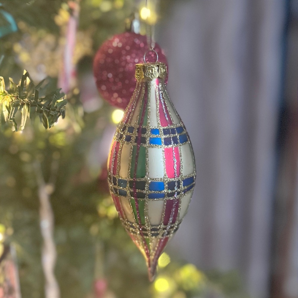 Vintage Montgomery Ward Glass Finial Christmas Ornament Plaid Tartan w Box 1990s